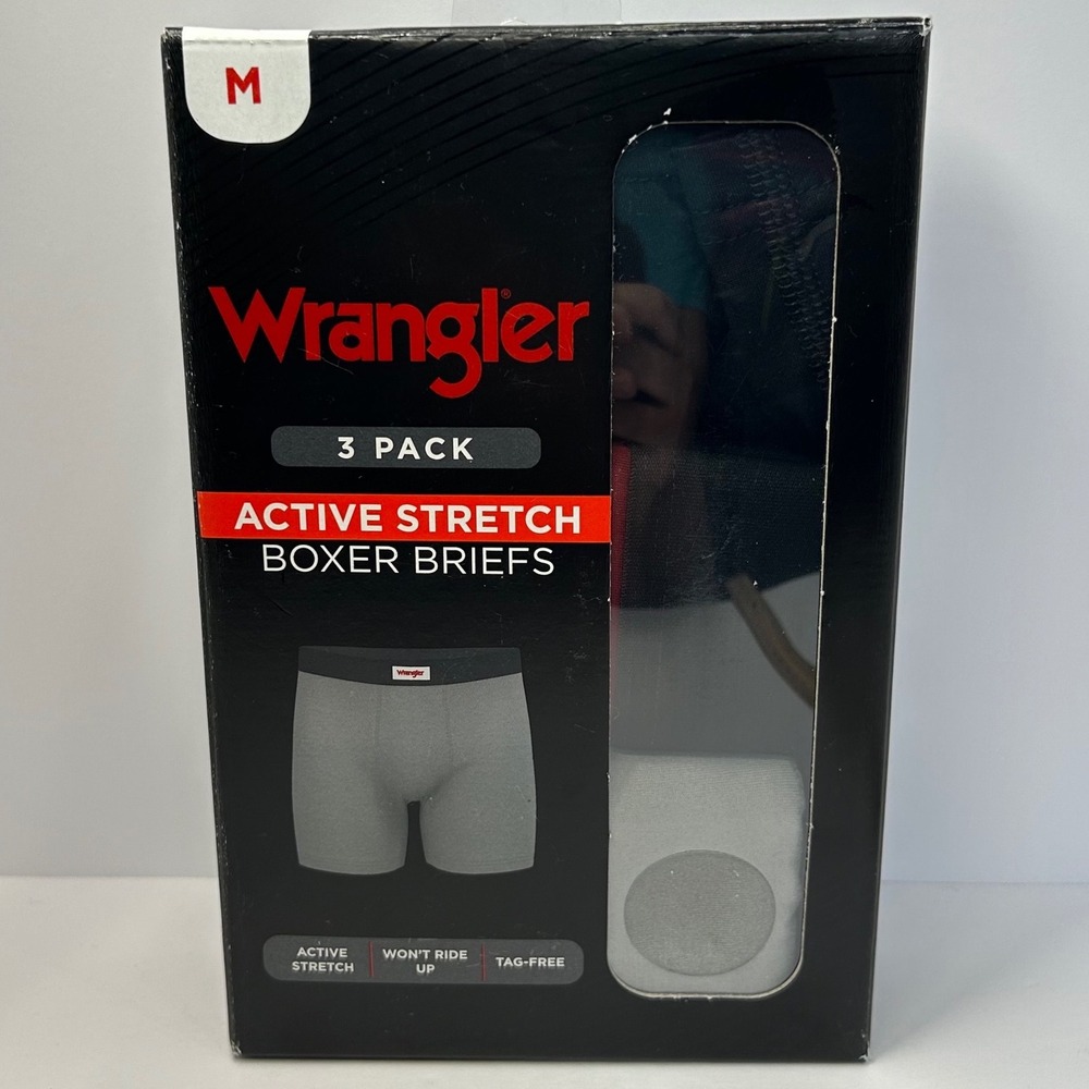 Wrangler Mens Active Stretch Boxer Briefs 3 Pack Black Red Grey Size Medium New